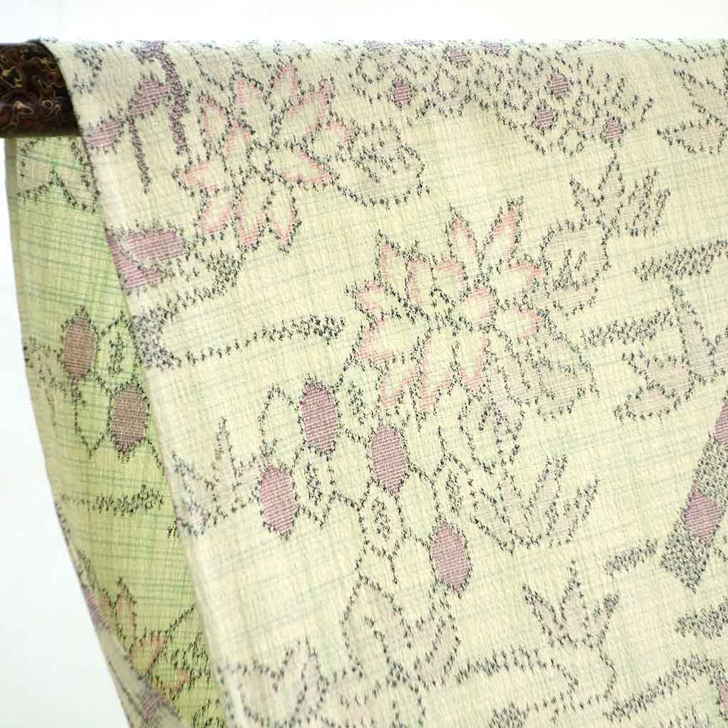 紬 リサイクル着物 身丈149cm 裄61cm 前幅23cm 後幅29cm 袖丈49cm 袖幅31.5cm レディース 単衣 植物 裄Sサイズ 初夏・初秋用 正絹（シルク）グリーン 美品 リメイク リユース【ランクA】