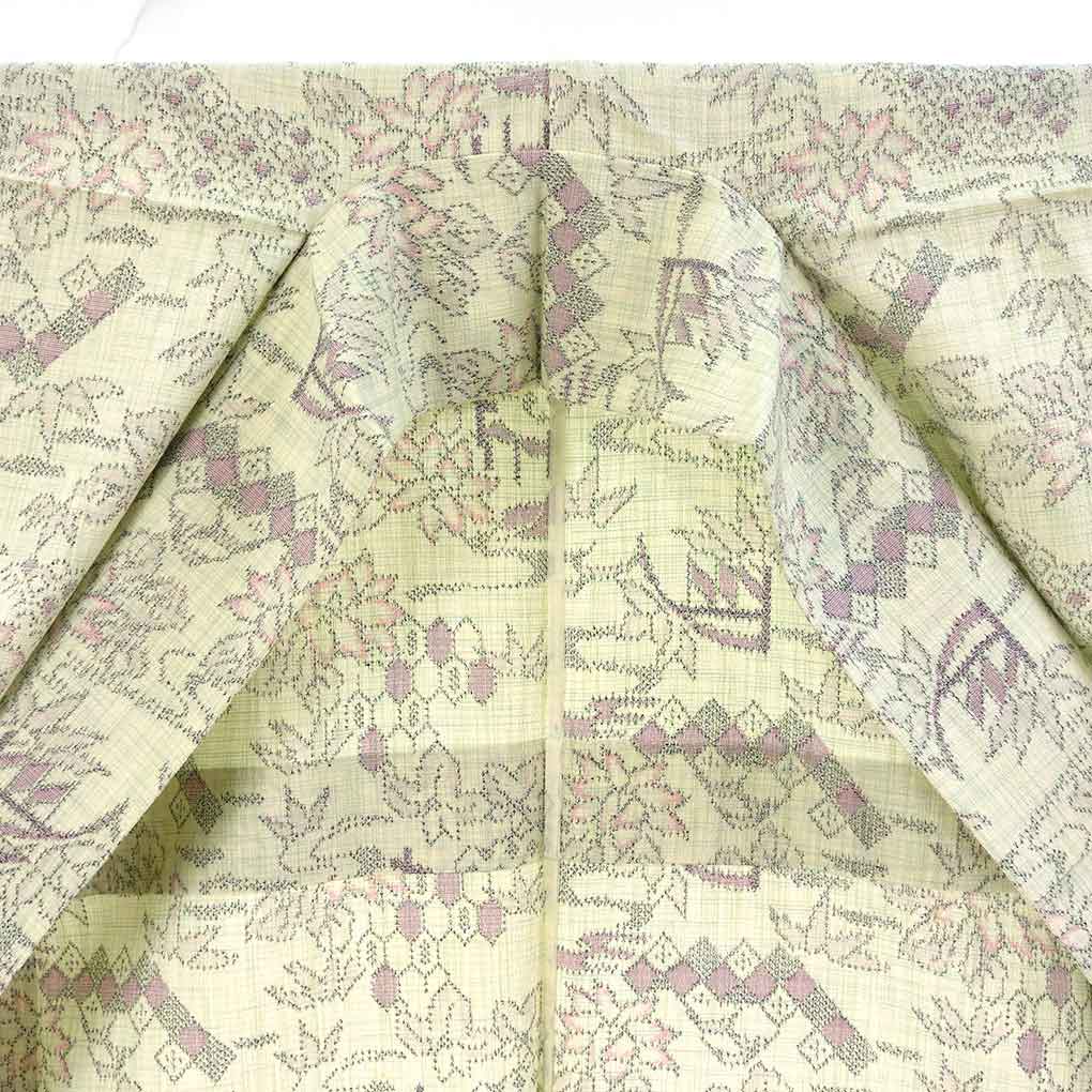 紬 リサイクル着物 身丈149cm 裄61cm 前幅23cm 後幅29cm 袖丈49cm 袖幅31.5cm レディース 単衣 植物 裄Sサイズ 初夏・初秋用 正絹（シルク）グリーン 美品 リメイク リユース【ランクA】