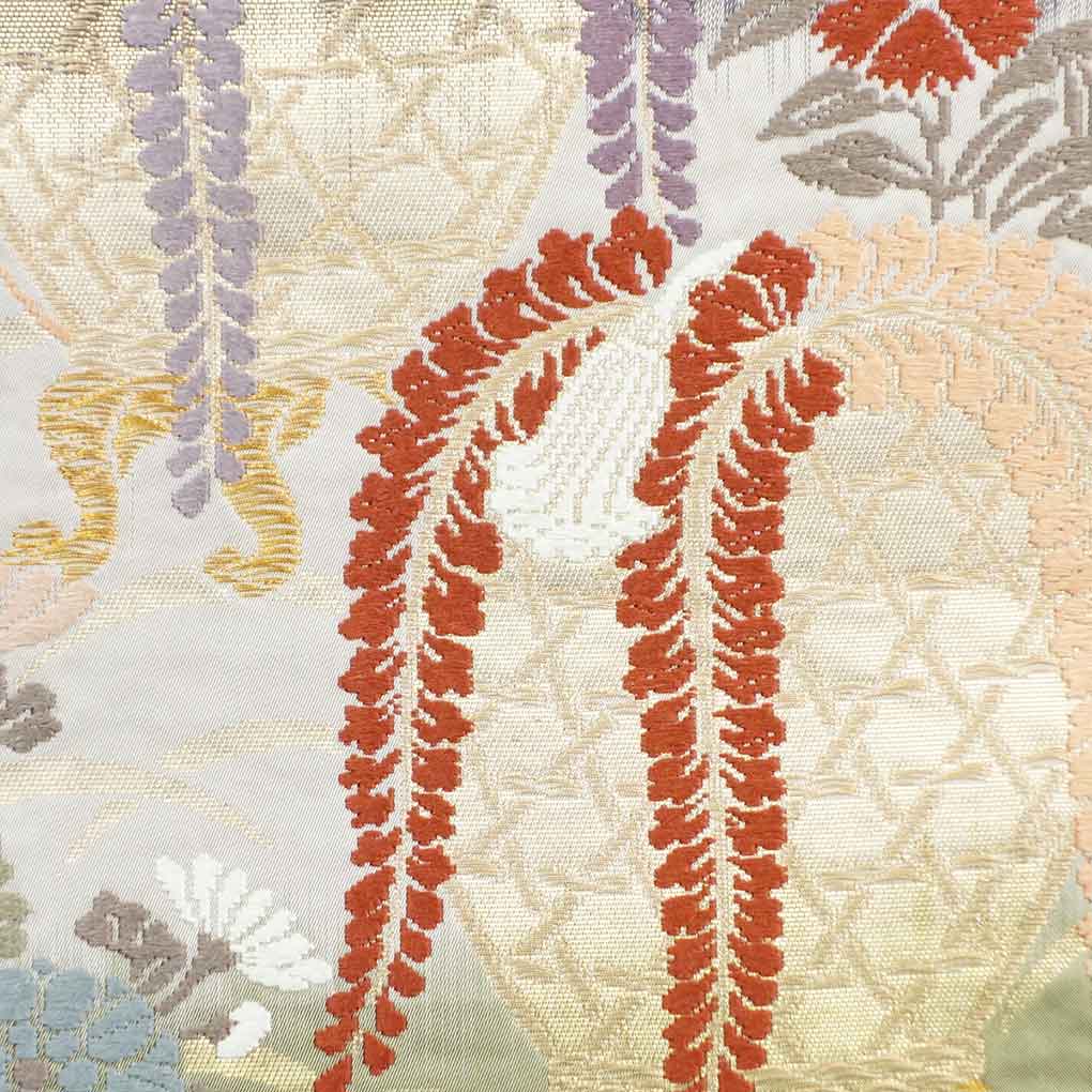 袋帯 リサイクル帯 幅31cm 長さ431cm レディース 四季の花柄 秋冬春用 正絹（シルク）グレー 美品 リメイク リユース【ランクA】