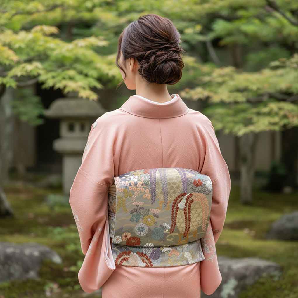 袋帯 リサイクル帯 幅31cm 長さ431cm レディース 四季の花柄 秋冬春用 正絹（シルク）グレー 美品 リメイク リユース【ランクA】