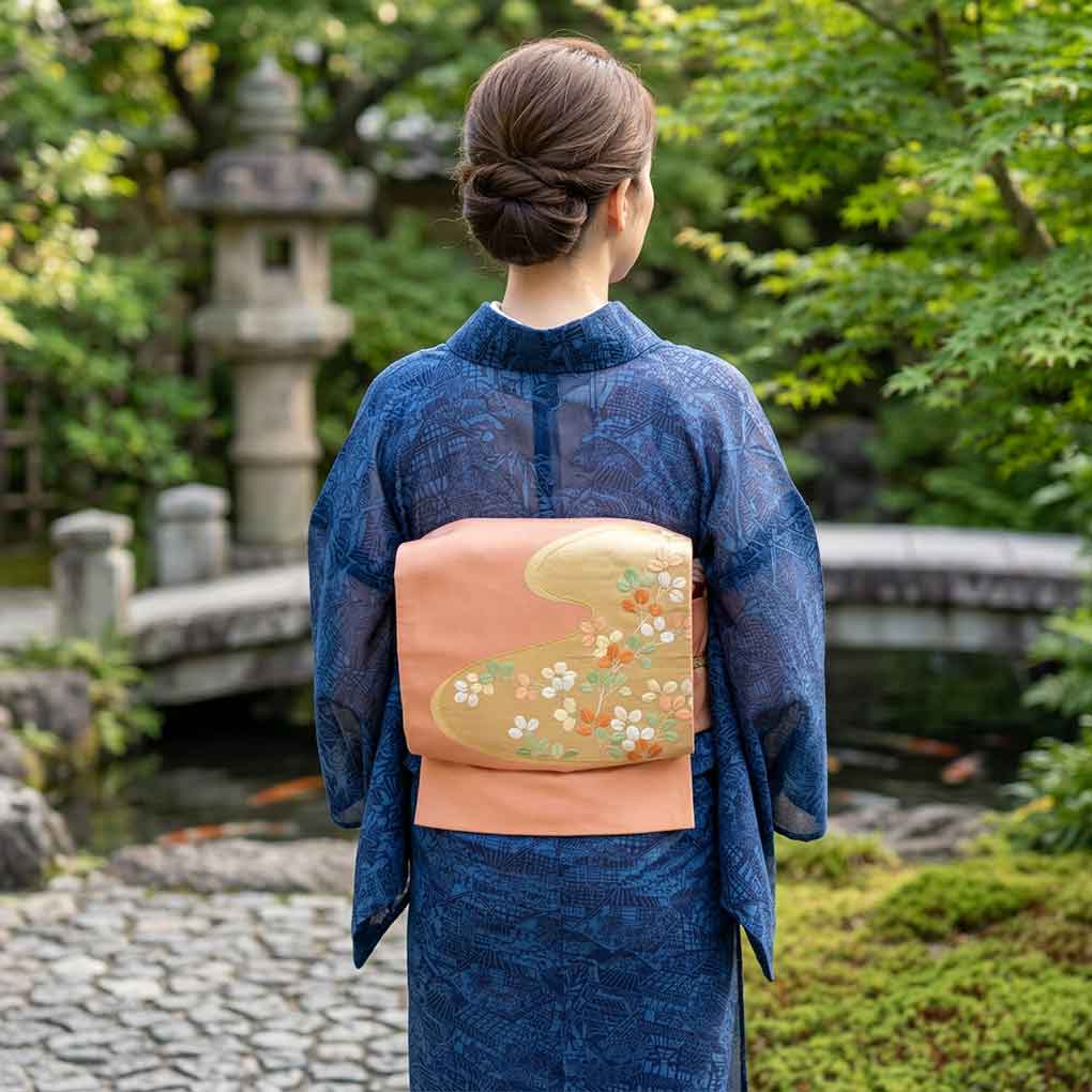袋帯 リサイクル帯 幅30.5cm 長さ454cm レディース 萩柄 夏用 正絹（シルク）オレンジ やや難 リメイク リユース【ランクB】