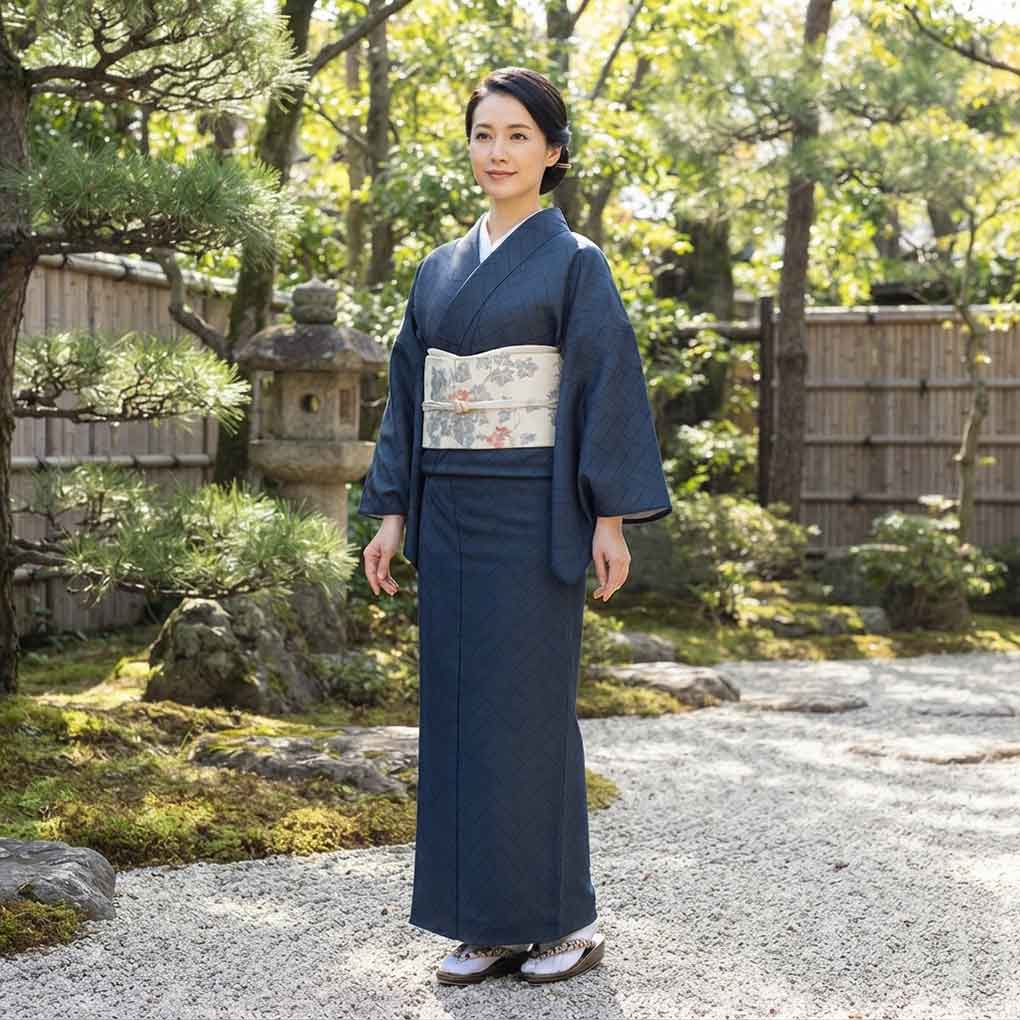 紬 リサイクル着物 身丈156cm 裄65cm 前幅24.5cm 後幅28.5cm 袖丈49cm 袖幅34cm レディース 袷 網代 裄Mサイズ 秋冬春用 正絹(シルク)ネイビー 美品 大島紬 リメイク リユース【ランクA】