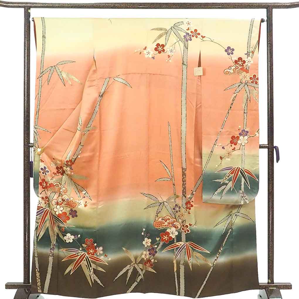 振袖 リサイクル着物 身丈165cm 裄65cm 前幅24cm 後幅29cm 袖丈108cm 袖幅33cm レディース 袷 松竹梅 裄Mサイズ 秋冬春用 正絹（シルク）ブラウン トールサイズ 美品 リメイク リユース【ランクA】