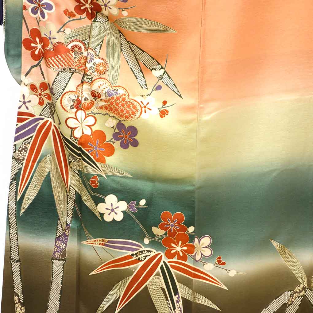 振袖 リサイクル着物 身丈165cm 裄65cm 前幅24cm 後幅29cm 袖丈108cm 袖幅33cm レディース 袷 松竹梅 裄Mサイズ 秋冬春用 正絹（シルク）ブラウン トールサイズ 美品 リメイク リユース【ランクA】