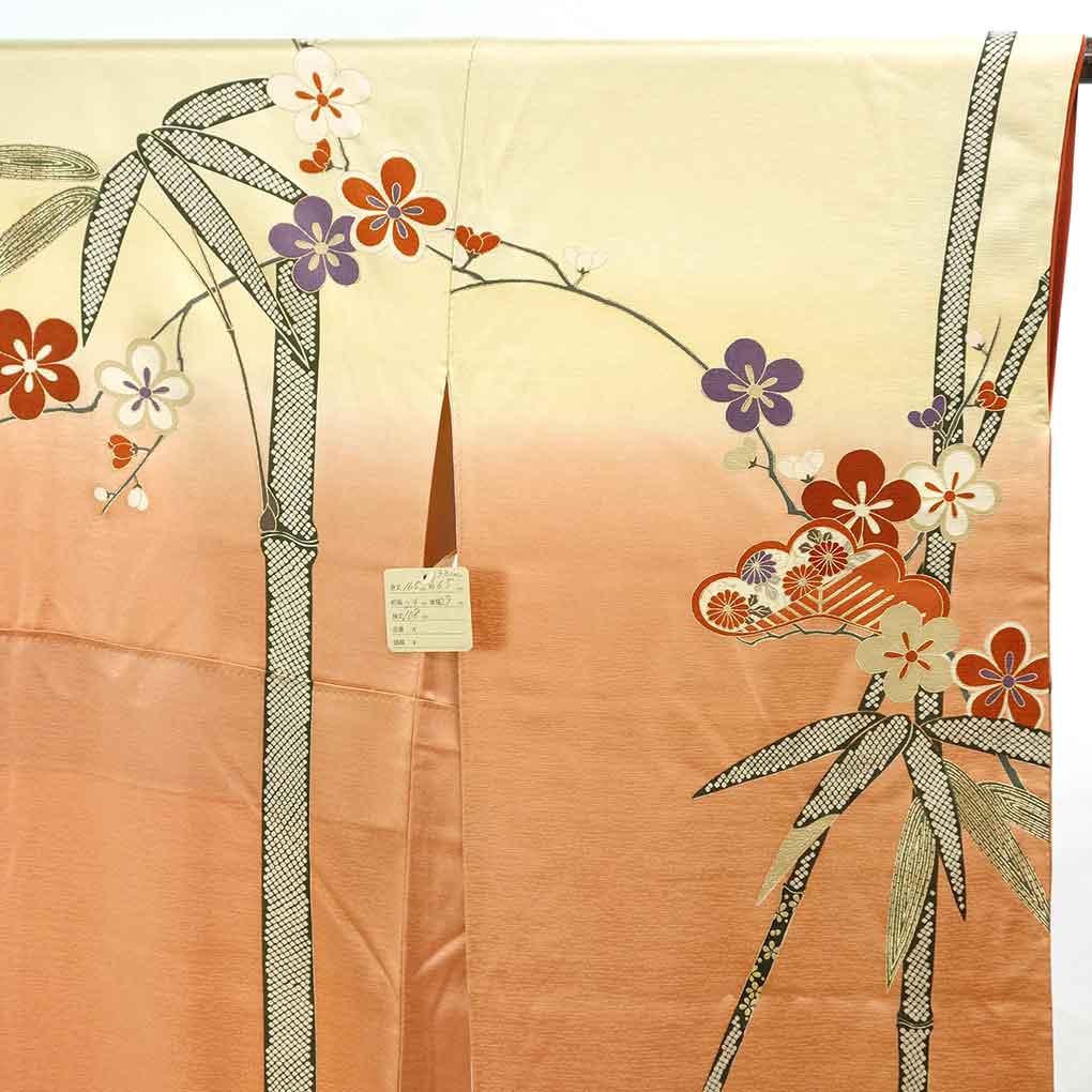 振袖 リサイクル着物 身丈165cm 裄65cm 前幅24cm 後幅29cm 袖丈108cm 袖幅33cm レディース 袷 松竹梅 裄Mサイズ 秋冬春用 正絹（シルク）ブラウン トールサイズ 美品 リメイク リユース【ランクA】