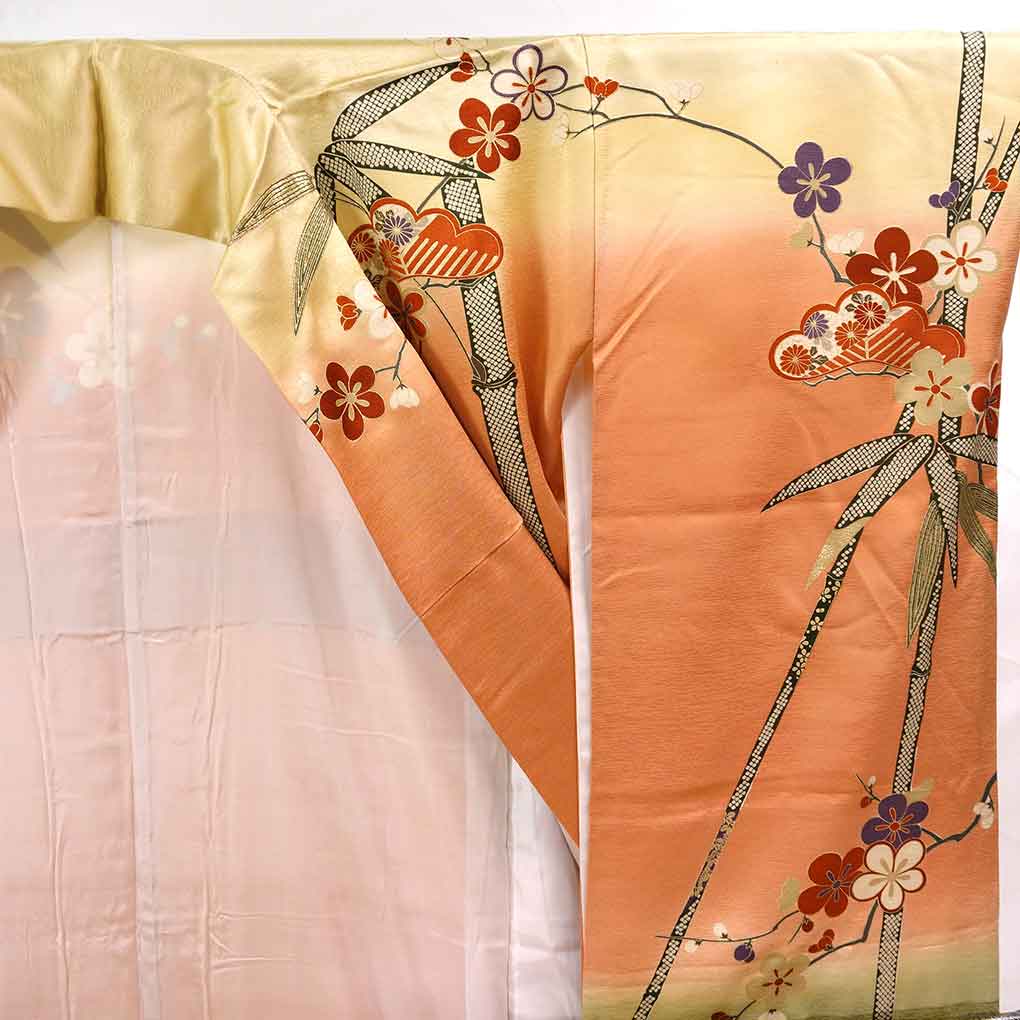 振袖 リサイクル着物 身丈165cm 裄65cm 前幅24cm 後幅29cm 袖丈108cm 袖幅33cm レディース 袷 松竹梅 裄Mサイズ 秋冬春用 正絹（シルク）ブラウン トールサイズ 美品 リメイク リユース【ランクA】