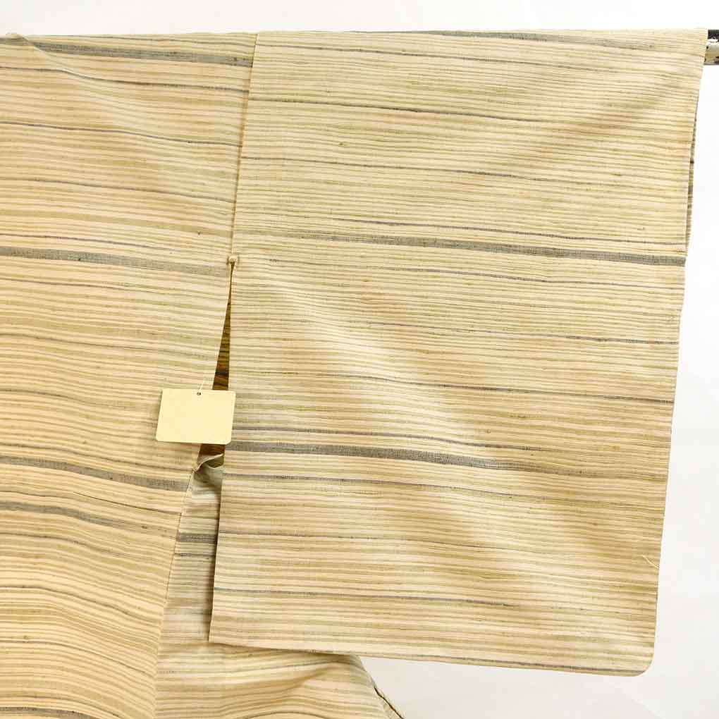 紬 リサイクル着物 身丈160cm 裄64cm 前幅24cm 後幅30cm 袖丈49cm 袖幅32cm レディース 単衣 横段柄 裄Mサイズ 初夏・初秋用 正絹(シルク)ブラウン やや難 リメイク リユース【ランクB】