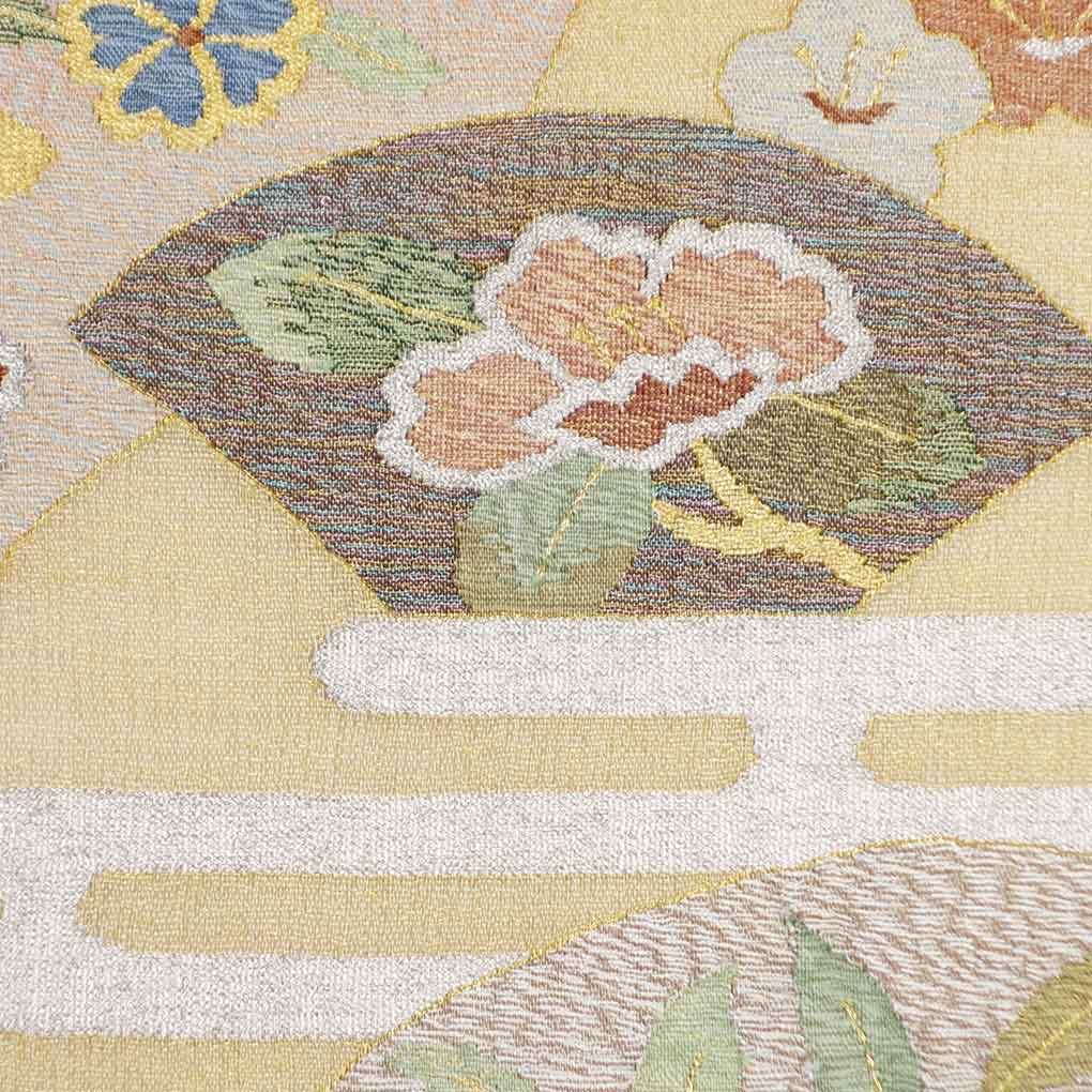 袋帯 リサイクル帯 幅31cm 長さ430cm レディース 扇面 夏用 正絹（シルク）ゴールド 未使用品 リメイク リユース【ランクS】