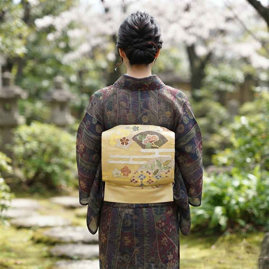 袋帯 リサイクル帯 幅31cm 長さ430cm レディース 扇面 夏用 正絹（シルク）ゴールド 未使用品 リメイク リユース【ランクS】