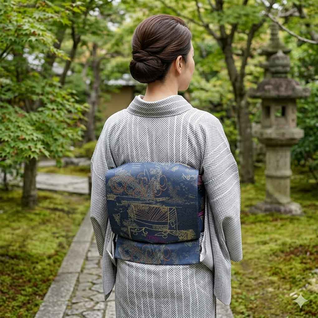 名古屋帯 リサイクル帯 幅30.5cm 長さ367cm レディース 連続模様 秋冬春用 正絹（シルク）ネイビー 美品 リメイク リユース【ランクA】