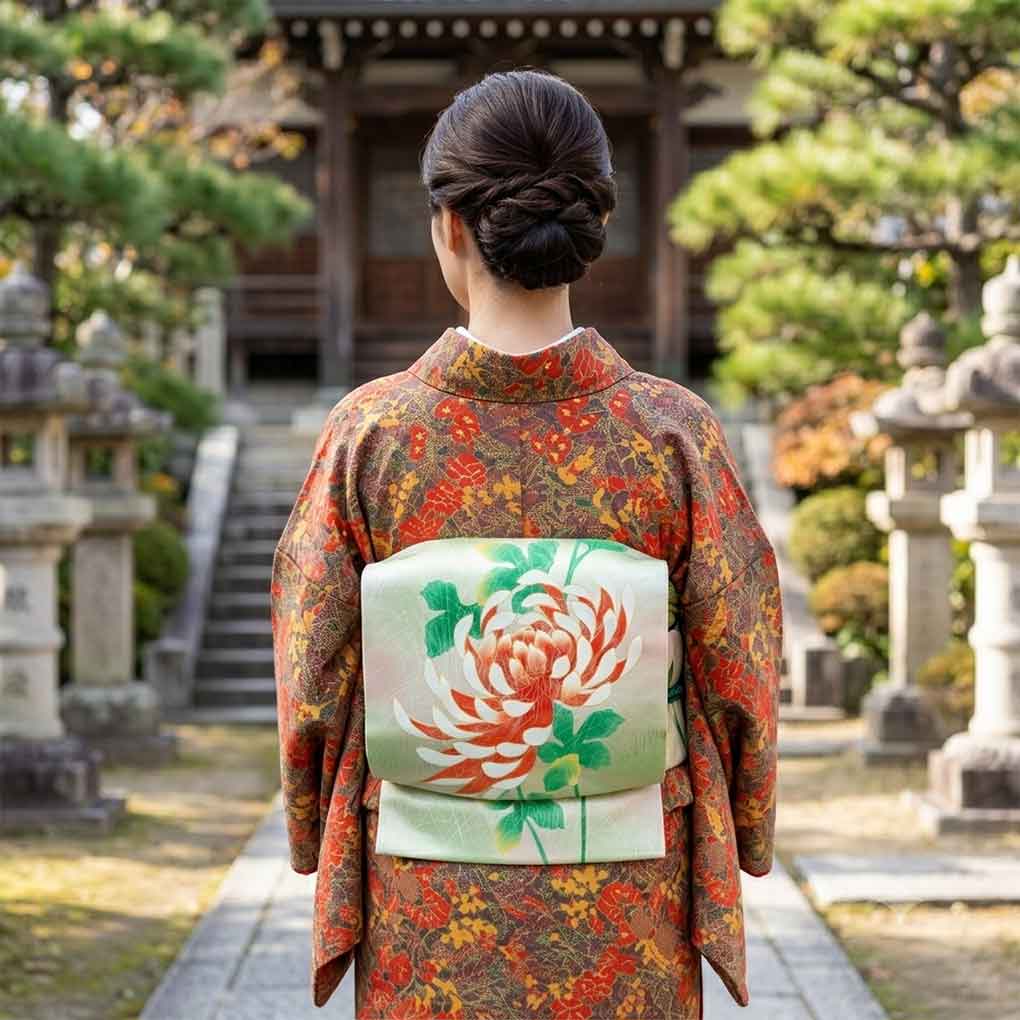 名古屋帯 リサイクル帯 幅30.5cm 長さ360cm レディース 花柄 秋冬春用 正絹（シルク）グリーン 美品 リメイク リユース【ランクA】