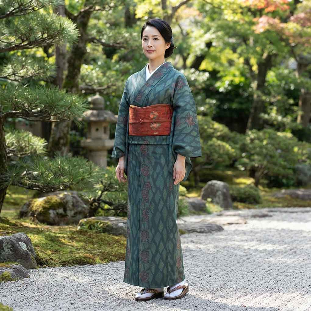 紬 リサイクル着物 身丈164cm 裄64cm 前幅23cm 後幅30cm 袖丈49cm 袖幅33cm レディース 袷 薔薇柄 裄Mサイズ 秋冬春用 正絹（シルク）ブルー トールサイズ 美品 大島紬 リメイク リユース【ランクA】