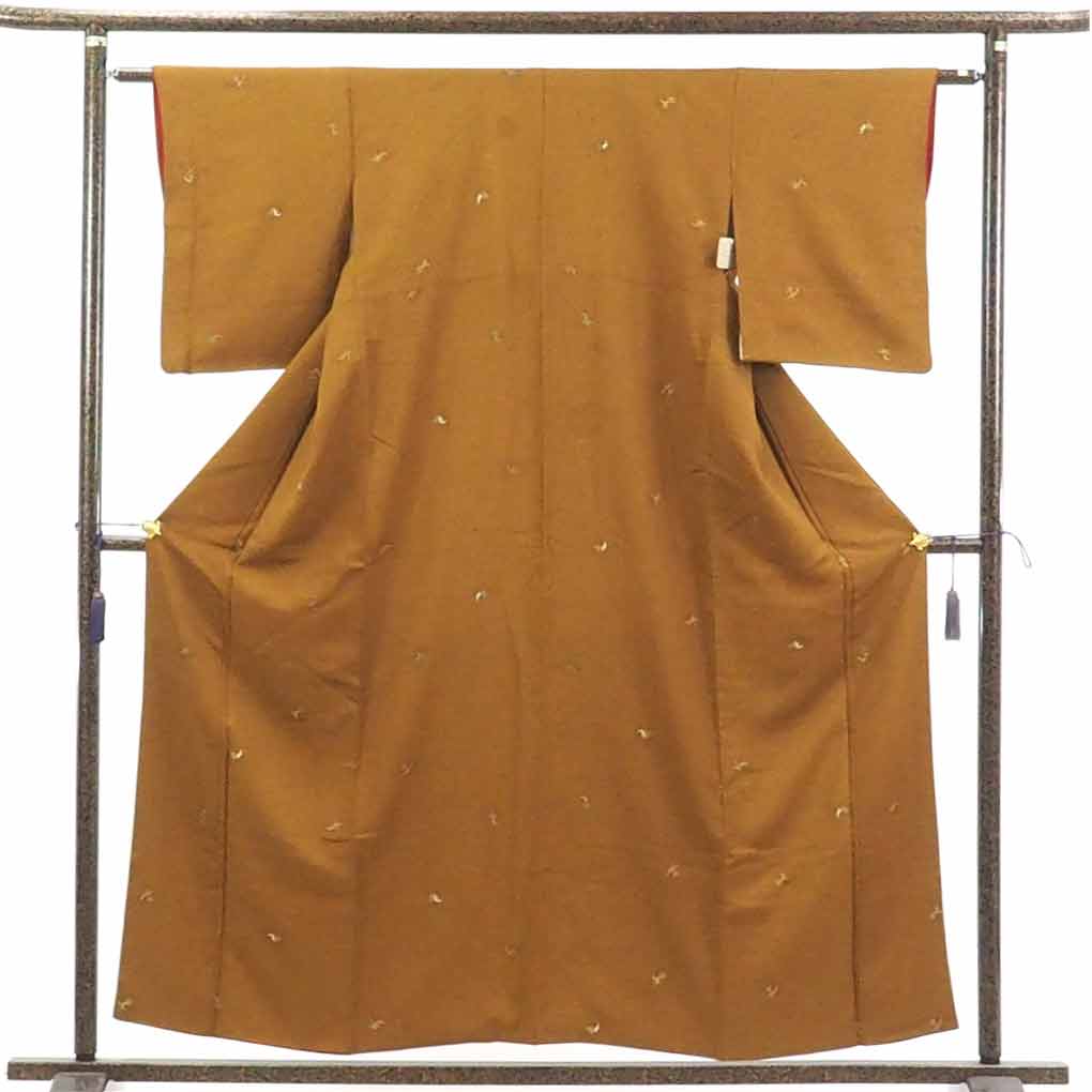 【在庫処分】リサイクル着物 小紋正絹金茶地袷小紋着物レディース【裄SSサイズ】【ランクB】