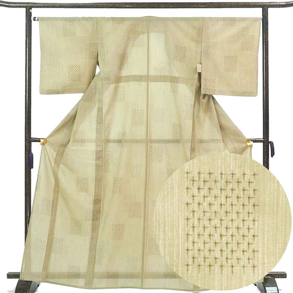 紬 リサイクル着物 身丈167cm 裄67cm 前幅27cm 後幅31cm 袖丈49cm 袖幅34cm レディース 絣模様 裄長 裄Lサイズ 夏用 正絹(シルク)ブラウン トールサイズ やや難 リメイク リユース【ランクB】