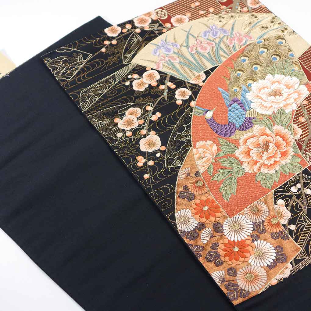 袋帯 リサイクル帯 幅30.5cm 長さ418cm レディース 扇面 秋冬春用 正絹（シルク）ブラック 美品 リメイク リユース【ランクA】