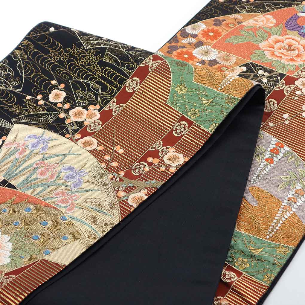 袋帯 リサイクル帯 幅30.5cm 長さ418cm レディース 扇面 秋冬春用 正絹（シルク）ブラック 美品 リメイク リユース【ランクA】