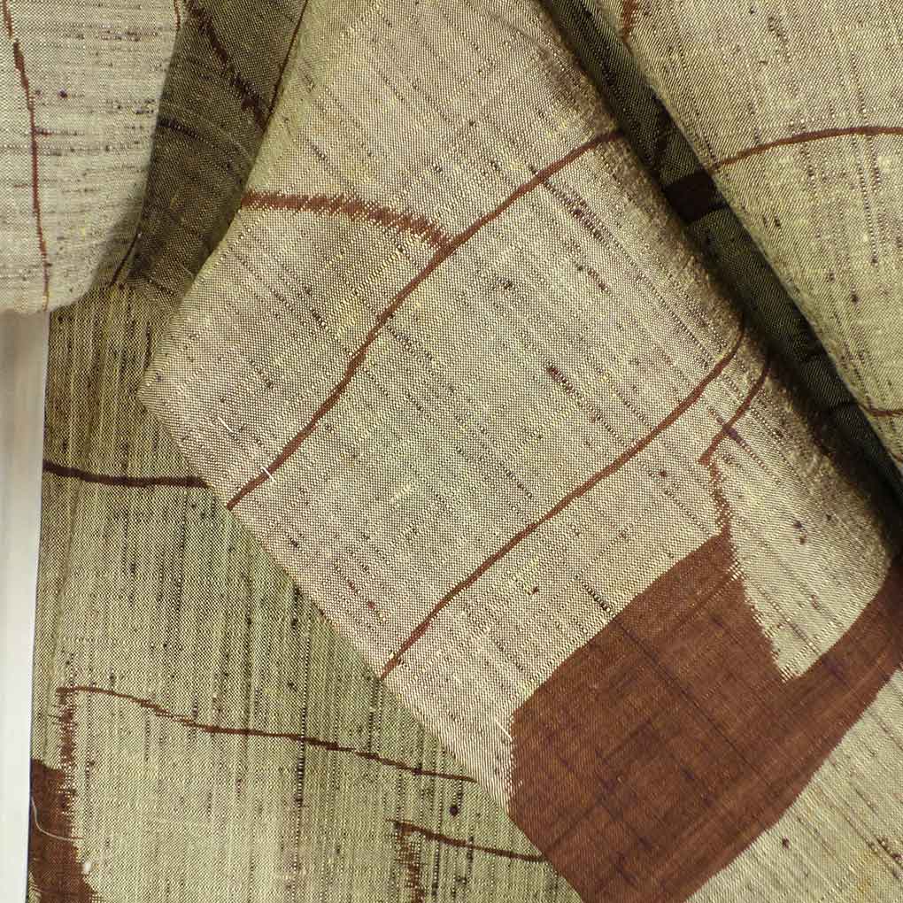 紬 リサイクル着物 身丈155cm 裄66cm 前幅25cm 後幅30cm 袖丈49cm 袖幅33cm レディース 単衣 抽象柄 裄長 裄M-Lサイズ 初夏・初秋用 正絹（シルク）ブラウン やや難 リメイク リユース【ランクB】