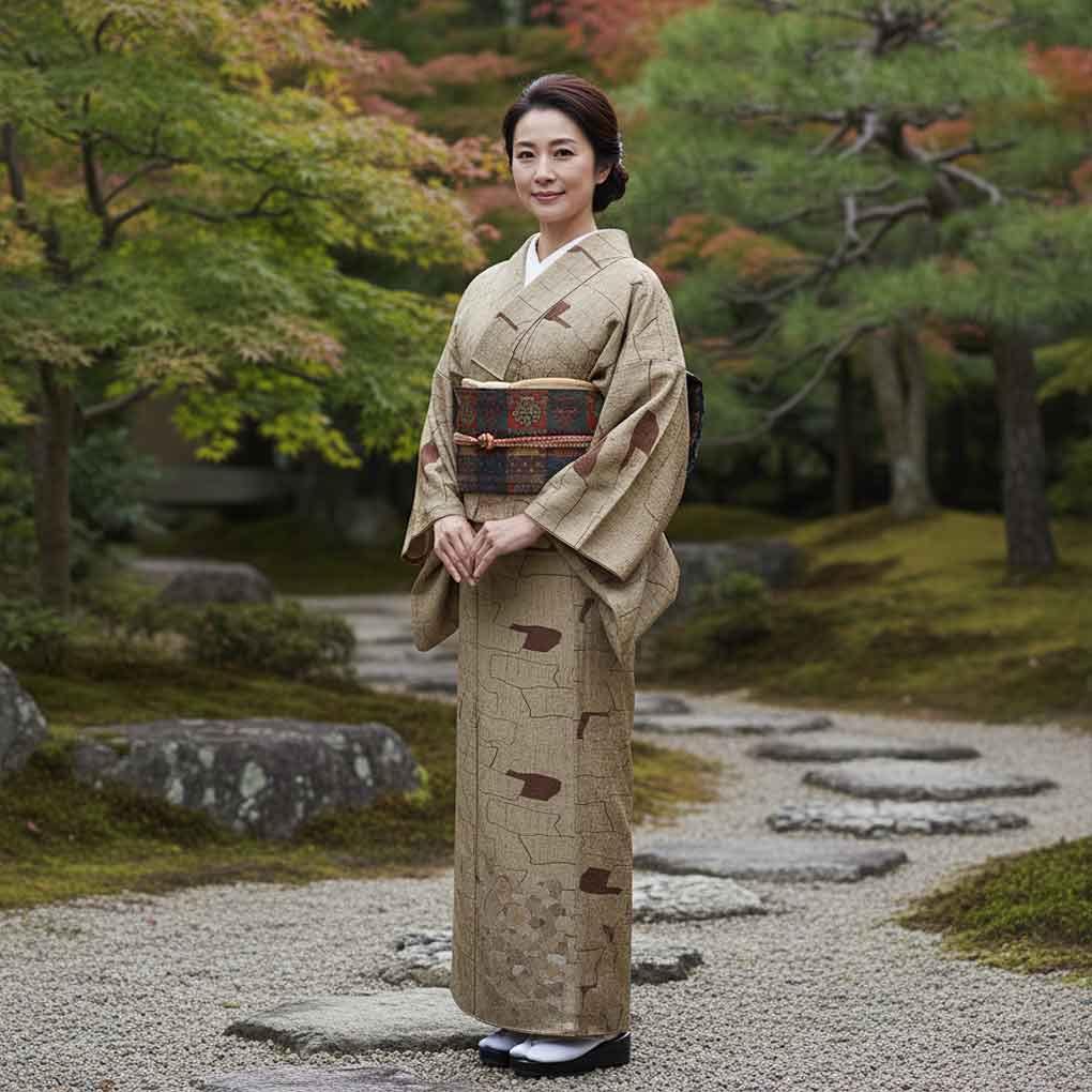 紬 リサイクル着物 身丈155cm 裄66cm 前幅25cm 後幅30cm 袖丈49cm 袖幅33cm レディース 単衣 抽象柄 裄長 裄M-Lサイズ 初夏・初秋用 正絹（シルク）ブラウン やや難 リメイク リユース【ランクB】