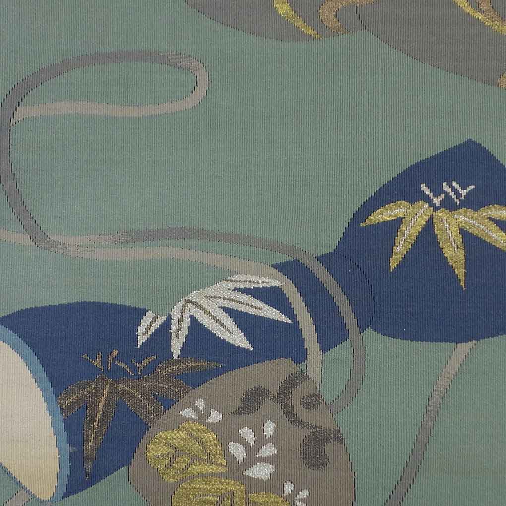 名古屋帯 リサイクル帯 幅29cm 長さ360cm レディース 鼓 秋冬春用 正絹(シルク)グリーン やや難 綴織 リメイク リユース【ランクB】