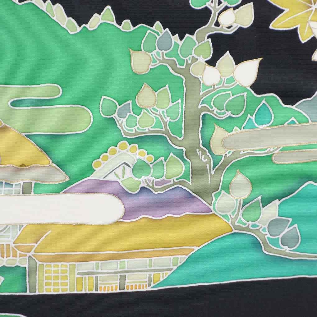 名古屋帯 リサイクル帯 幅30cm 長さ372cm レディース 風景画 秋冬春用 正絹(シルク)ブラック 美品 リメイク リユース【ランクA】