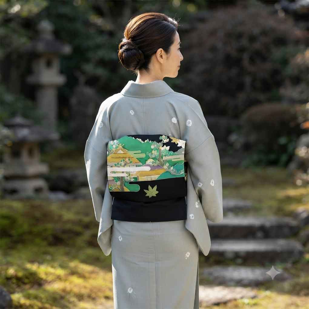 名古屋帯 リサイクル帯 幅30cm 長さ372cm レディース 風景画 秋冬春用 正絹(シルク)ブラック 美品 リメイク リユース【ランクA】