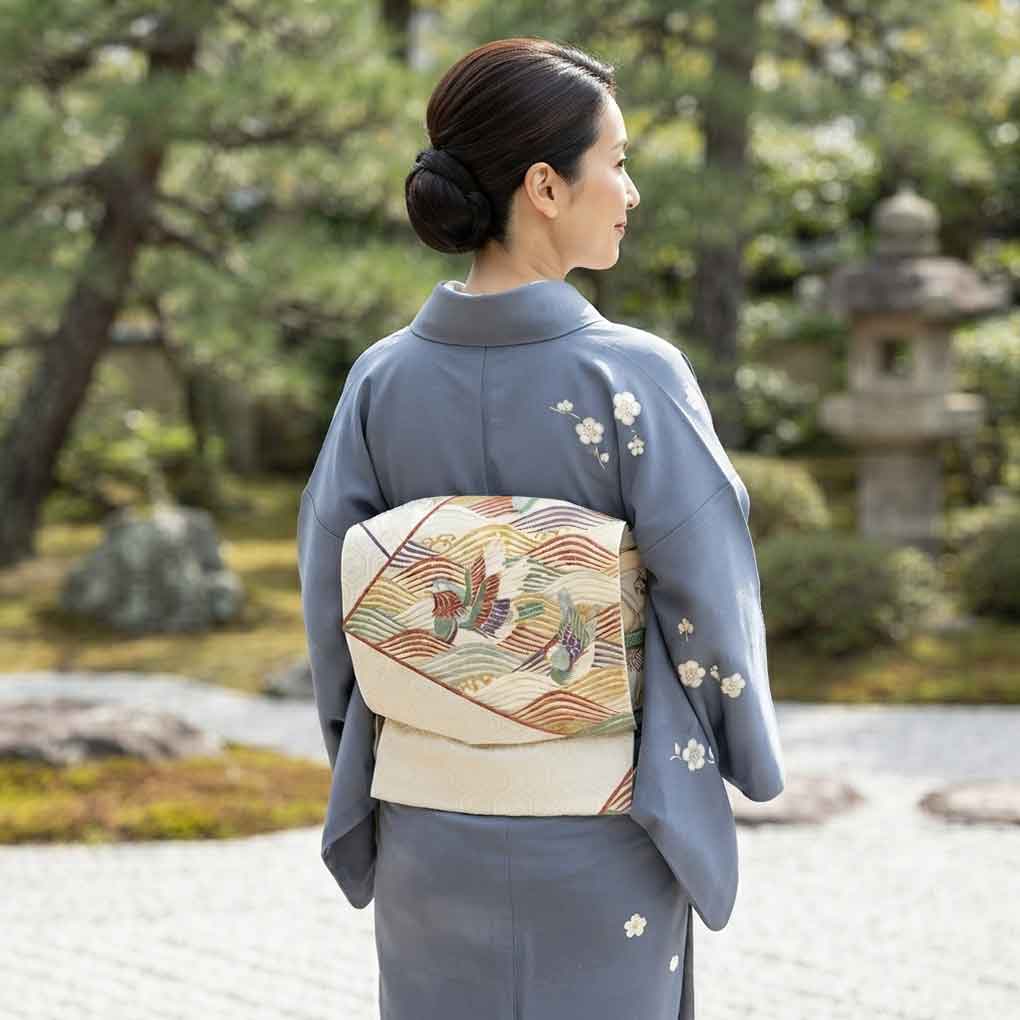 袋帯 リサイクル帯 幅30.5cm 長さ428cm レディース 鴛鴦 秋冬春用 正絹（シルク）ホワイト 美品 リメイク リユース【ランクA】