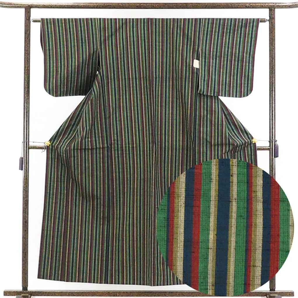 リサイクル着物 紬正絹グリーン地先染縦縞単衣紬着物 レディース 初夏・初秋用 シルク グリーン 裄Sサイズ身丈157cm 裄62cm 前幅25cm 後幅30cm 袖丈49cm【ランクA】