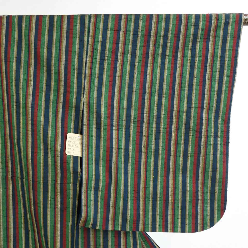 リサイクル着物 紬正絹グリーン地先染縦縞単衣紬着物 レディース 初夏・初秋用 シルク グリーン 裄Sサイズ身丈157cm 裄62cm 前幅25cm 後幅30cm 袖丈49cm【ランクA】