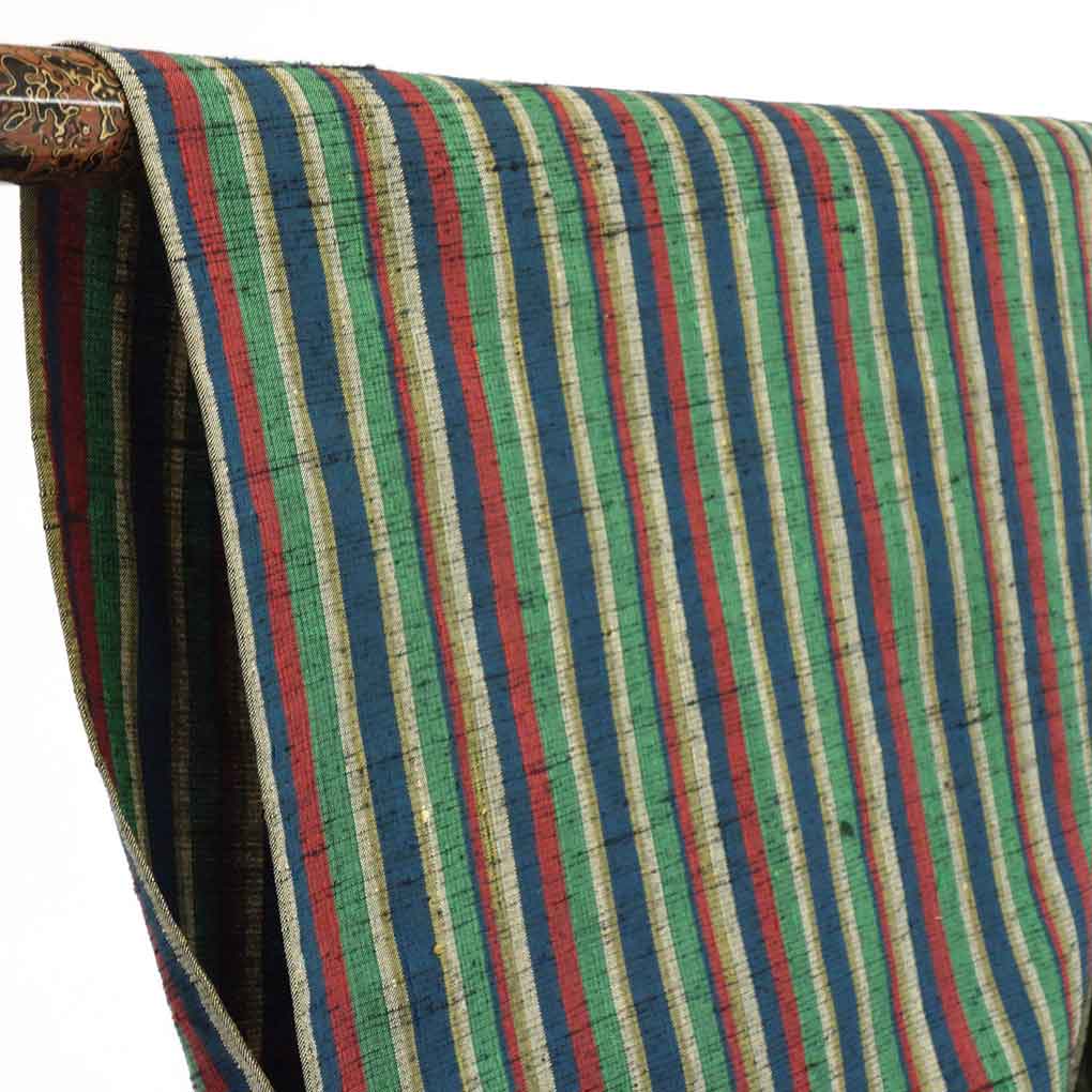 リサイクル着物 紬正絹グリーン地先染縦縞単衣紬着物 レディース 初夏・初秋用 シルク グリーン 裄Sサイズ身丈157cm 裄62cm 前幅25cm 後幅30cm 袖丈49cm【ランクA】