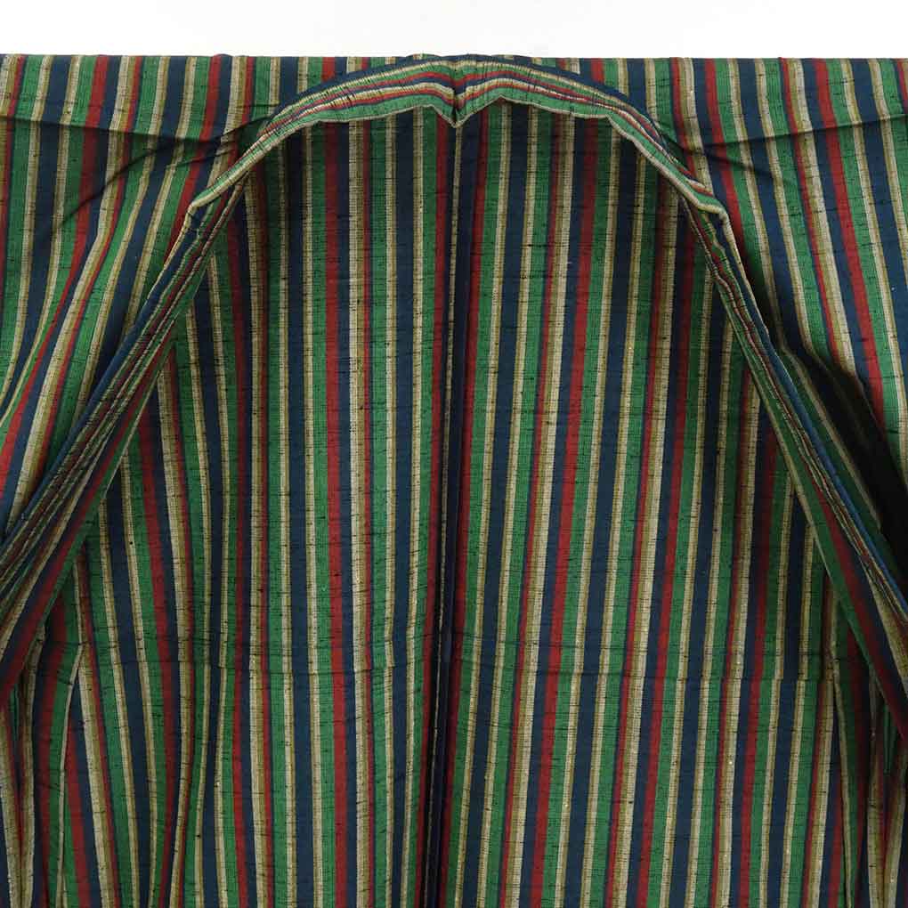 リサイクル着物 紬正絹グリーン地先染縦縞単衣紬着物 レディース 初夏・初秋用 シルク グリーン 裄Sサイズ身丈157cm 裄62cm 前幅25cm 後幅30cm 袖丈49cm【ランクA】