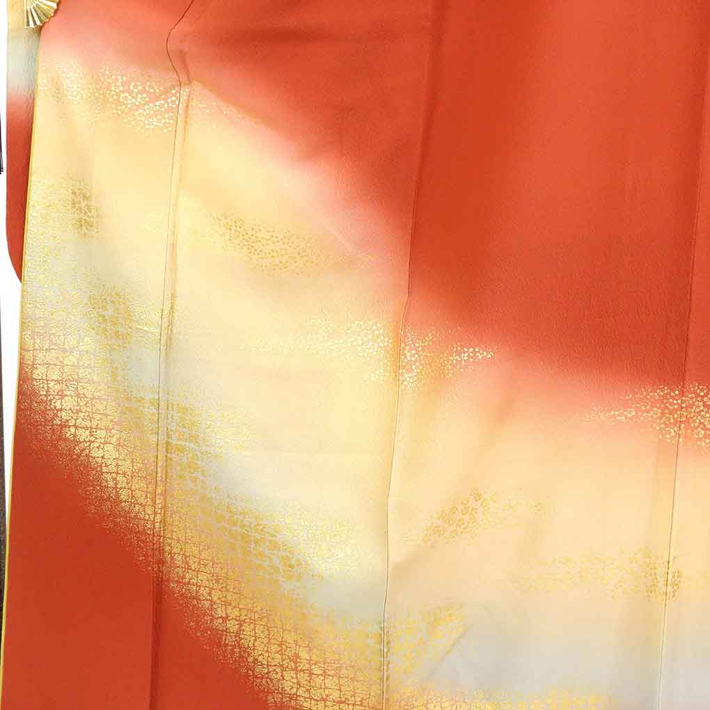 リサイクル 振袖 着物 身丈162cm 裄69cm 前幅24.5cm 後幅30cm 袖丈110cm 袖幅35cm レディース 袷 金彩 裄長 裄L-LLサイズ 秋冬春用 正絹（シルク）オレンジ地 美品 リサイクル リメイク リユース【ランクA】