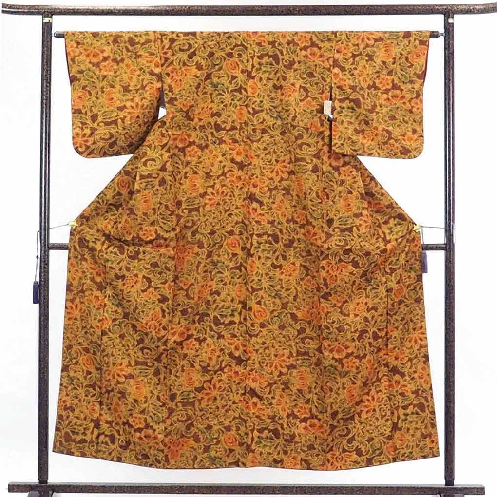 【在庫処分】リサイクル着物 小紋正絹茶色地紬生地使用花柄袷小紋着物レディース【裄Mサイズ】【ランクA】