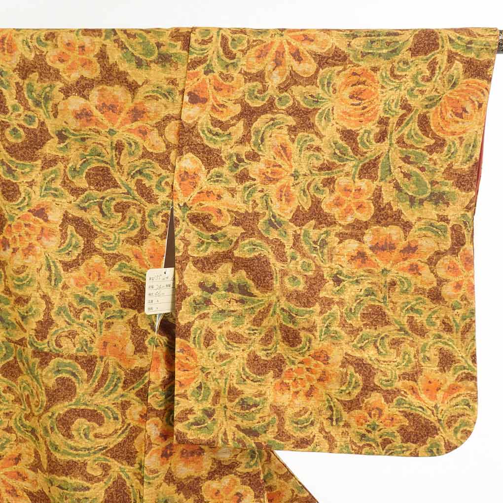 【在庫処分】リサイクル着物 小紋正絹茶色地紬生地使用花柄袷小紋着物レディース【裄Mサイズ】【ランクA】