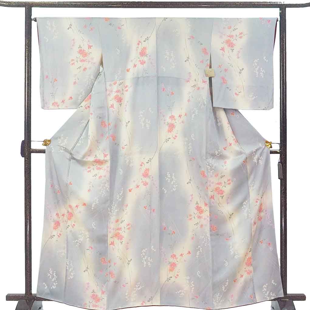 小紋 リサイクル着物 身丈166cm 裄65cm 前幅24cm 後幅30cm 袖丈52cm 袖幅34cm レディース 袷 花柄 裄Mサイズ 秋冬春用 正絹（シルク）グレー トールサイズ 未使用品 リメイク リユース【ランクS】