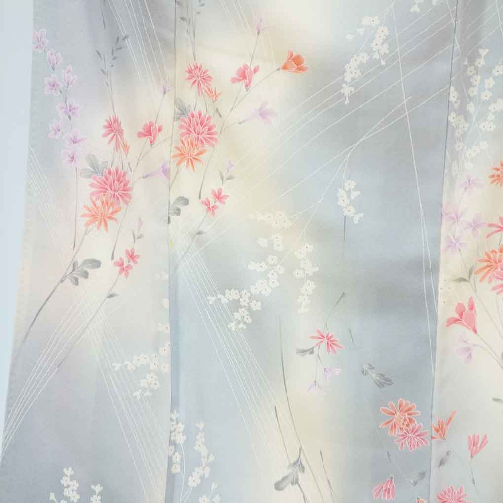 小紋 リサイクル着物 身丈166cm 裄65cm 前幅24cm 後幅30cm 袖丈52cm 袖幅34cm レディース 袷 花柄 裄Mサイズ 秋冬春用 正絹（シルク）グレー トールサイズ 未使用品 リメイク リユース【ランクS】