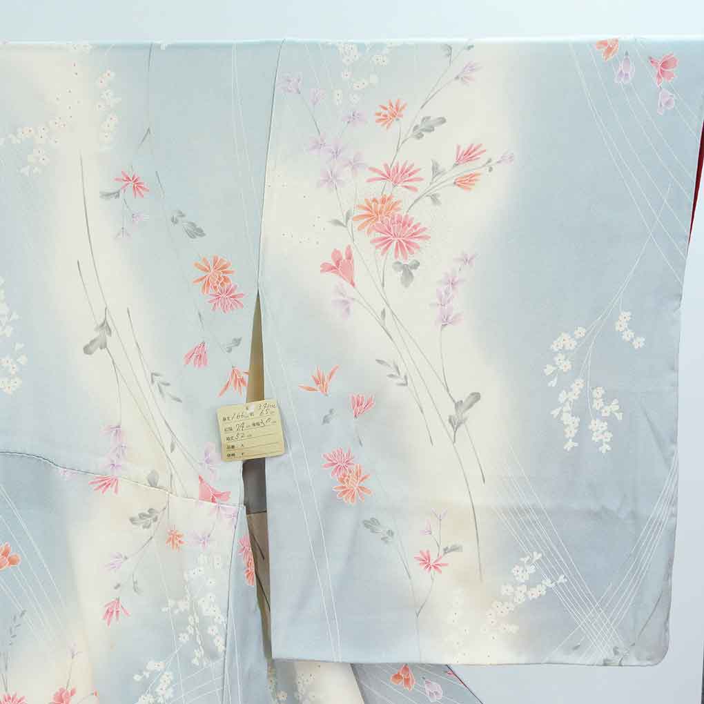 小紋 リサイクル着物 身丈166cm 裄65cm 前幅24cm 後幅30cm 袖丈52cm 袖幅34cm レディース 袷 花柄 裄Mサイズ 秋冬春用 正絹（シルク）グレー トールサイズ 未使用品 リメイク リユース【ランクS】