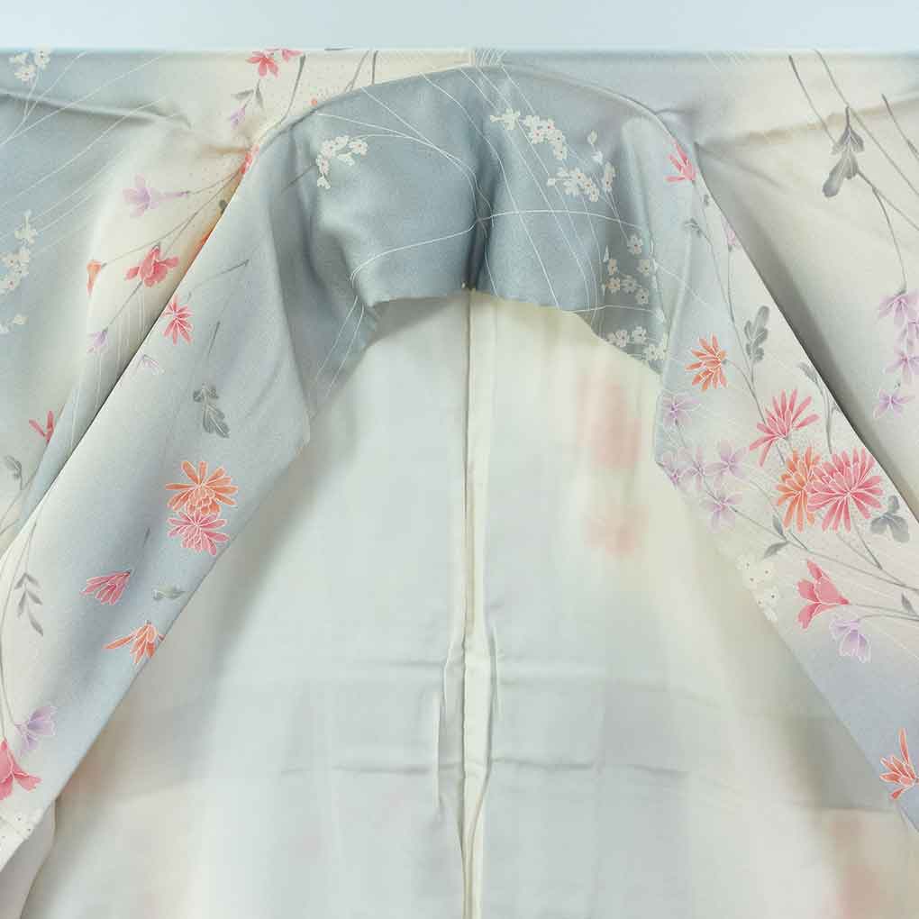 小紋 リサイクル着物 身丈166cm 裄65cm 前幅24cm 後幅30cm 袖丈52cm 袖幅34cm レディース 袷 花柄 裄Mサイズ 秋冬春用 正絹（シルク）グレー トールサイズ 未使用品 リメイク リユース【ランクS】