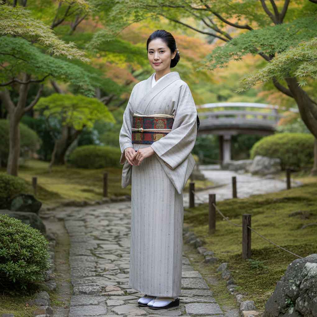 紬 リサイクル着物 身丈154cm 裄63cm 前幅23cm 後幅29cm 袖丈42cm 袖幅33cm レディース 袷 絣模様 裄Mサイズ 秋冬春用 正絹（シルク）グレー 難有り リメイク リユース【ランクC】