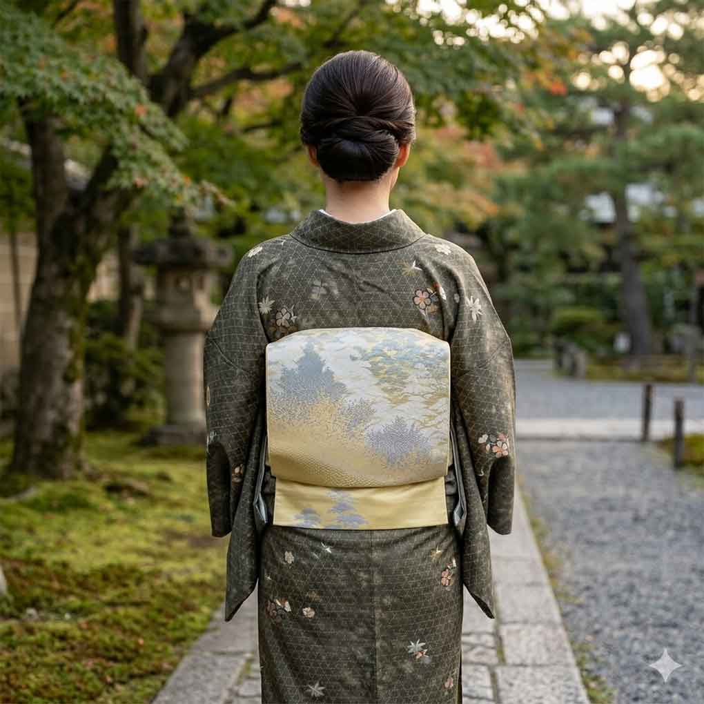 名古屋帯 リサイクル帯 幅31cm 長さ367cm レディース 松 秋冬春用 正絹（シルク）イエロー 美品 リメイク リユース【ランクA】