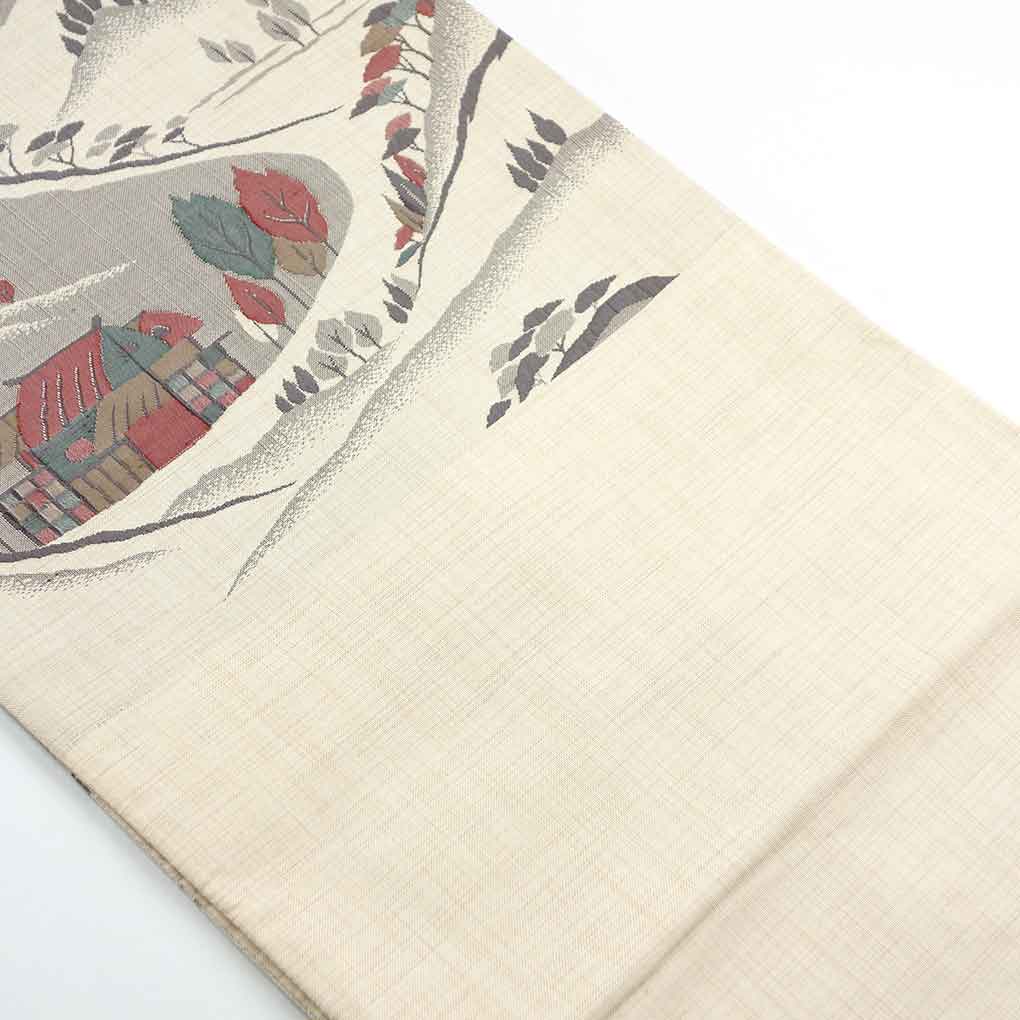 袋帯 リサイクル帯 幅30cm 長さ420cm レディース 風景画 秋冬春用 正絹(シルク)ベージュ 未使用品 リメイク リユース【ランクS】