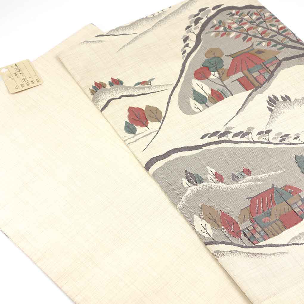 袋帯 リサイクル帯 幅30cm 長さ420cm レディース 風景画 秋冬春用 正絹(シルク)ベージュ 未使用品 リメイク リユース【ランクS】