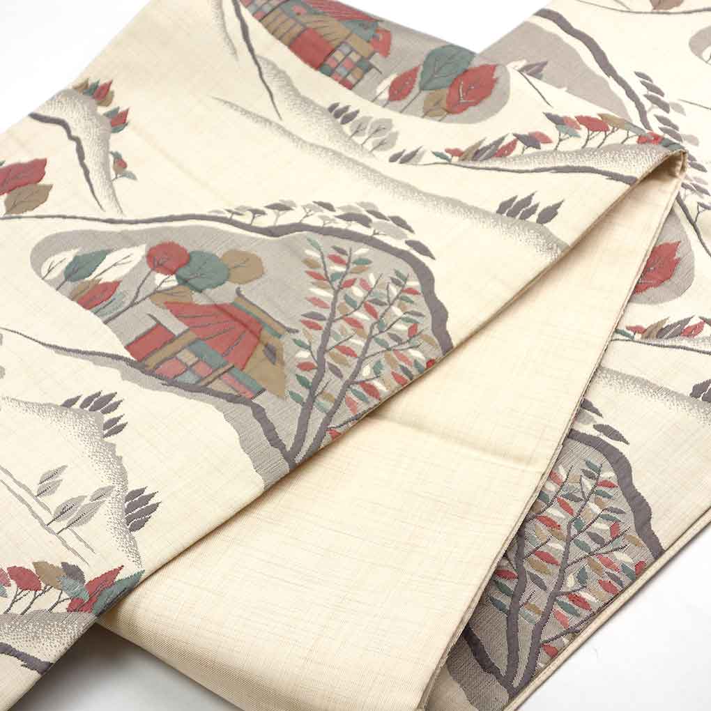 袋帯 リサイクル帯 幅30cm 長さ420cm レディース 風景画 秋冬春用 正絹(シルク)ベージュ 未使用品 リメイク リユース【ランクS】