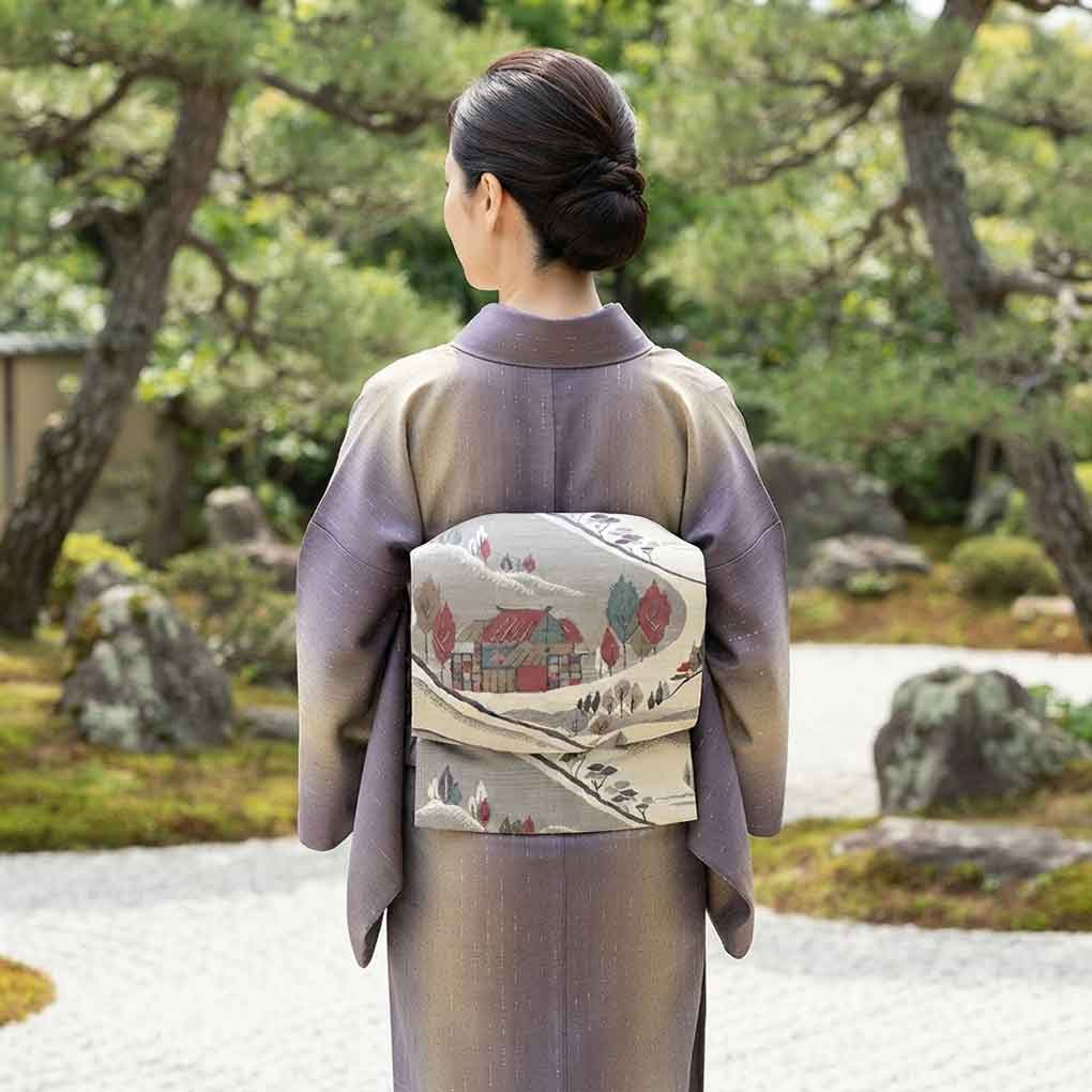 袋帯 リサイクル帯 幅30cm 長さ420cm レディース 風景画 秋冬春用 正絹(シルク)ベージュ 未使用品 リメイク リユース【ランクS】