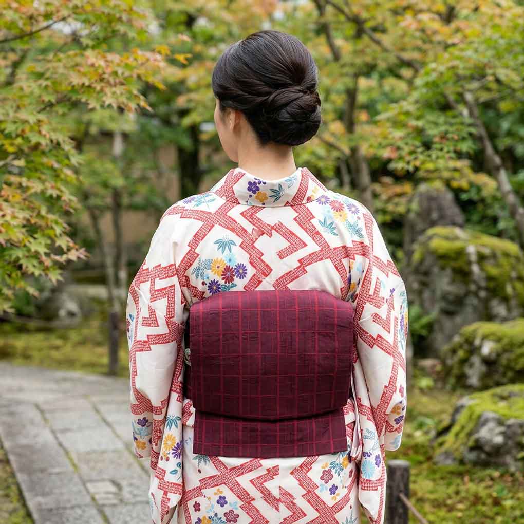 名古屋帯 リサイクル帯 幅30cm 長さ360cm レディース 格子 秋冬春用 正絹（シルク）パープル 美品 リメイク リユース【ランクA】