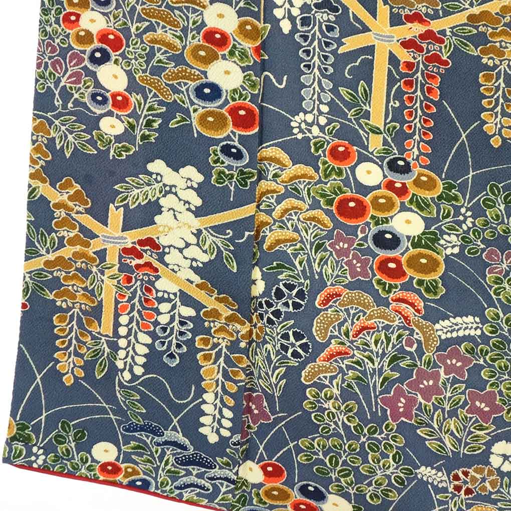 【新品未使用】しょうざん　生紬 小紋 着物 紺色 花柄 紺色花柄小紋着物セット 新品未使用】しょうざん 生紬 小紋 着物 紺色 花