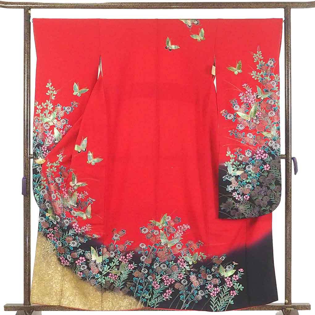 振袖 リサイクル 身丈160cm 裄67cm 前幅24cm 後幅31cm 袖丈108cm 袖幅35cm レディース 袷 蝶柄 裄長 裄Lサイズ 秋冬春用 正絹（シルク）レッド やや難 リメイク リユース【ランクB】