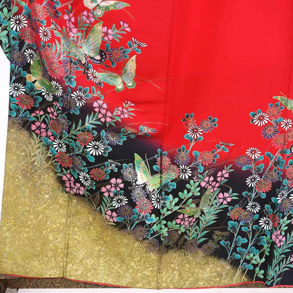 振袖 リサイクル 身丈160cm 裄67cm 前幅24cm 後幅31cm 袖丈108cm 袖幅35cm レディース 袷 蝶柄 裄長 裄Lサイズ 秋冬春用 正絹（シルク）レッド やや難 リメイク リユース【ランクB】