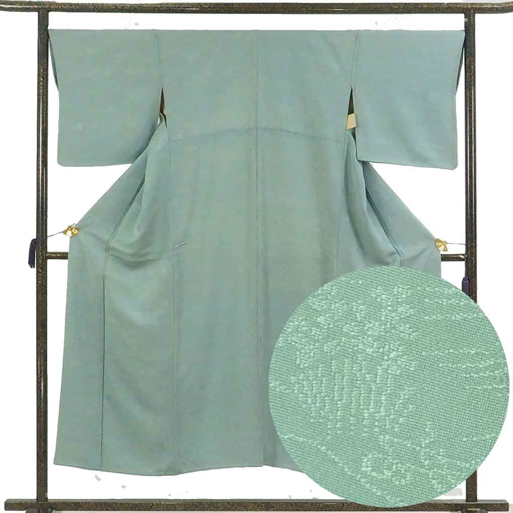 色無地 リサイクル着物 身丈150cm 裄68cm 前幅25cm 後幅30cm 袖丈46cm 袖幅34.5cm レディース 袷 無地 裄長 裄Lサイズ 秋冬春用 正絹（シルク）ブルー 難有り リメイク リユース【ランクC】