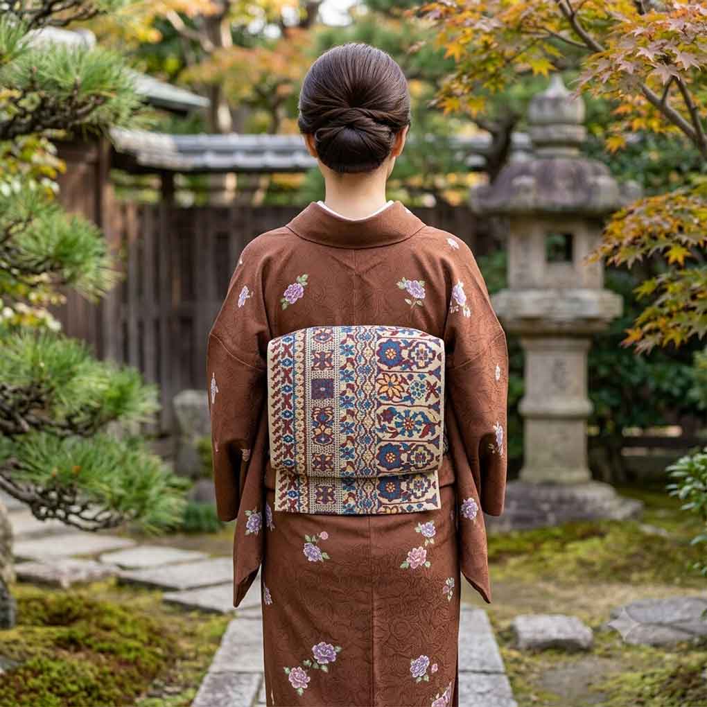 名古屋帯 リサイクル帯 幅30cm 長さ343cm レディース 連続模様 秋冬春用 正絹（シルク）ブラウン 美品 リメイク リユース【ランクA】