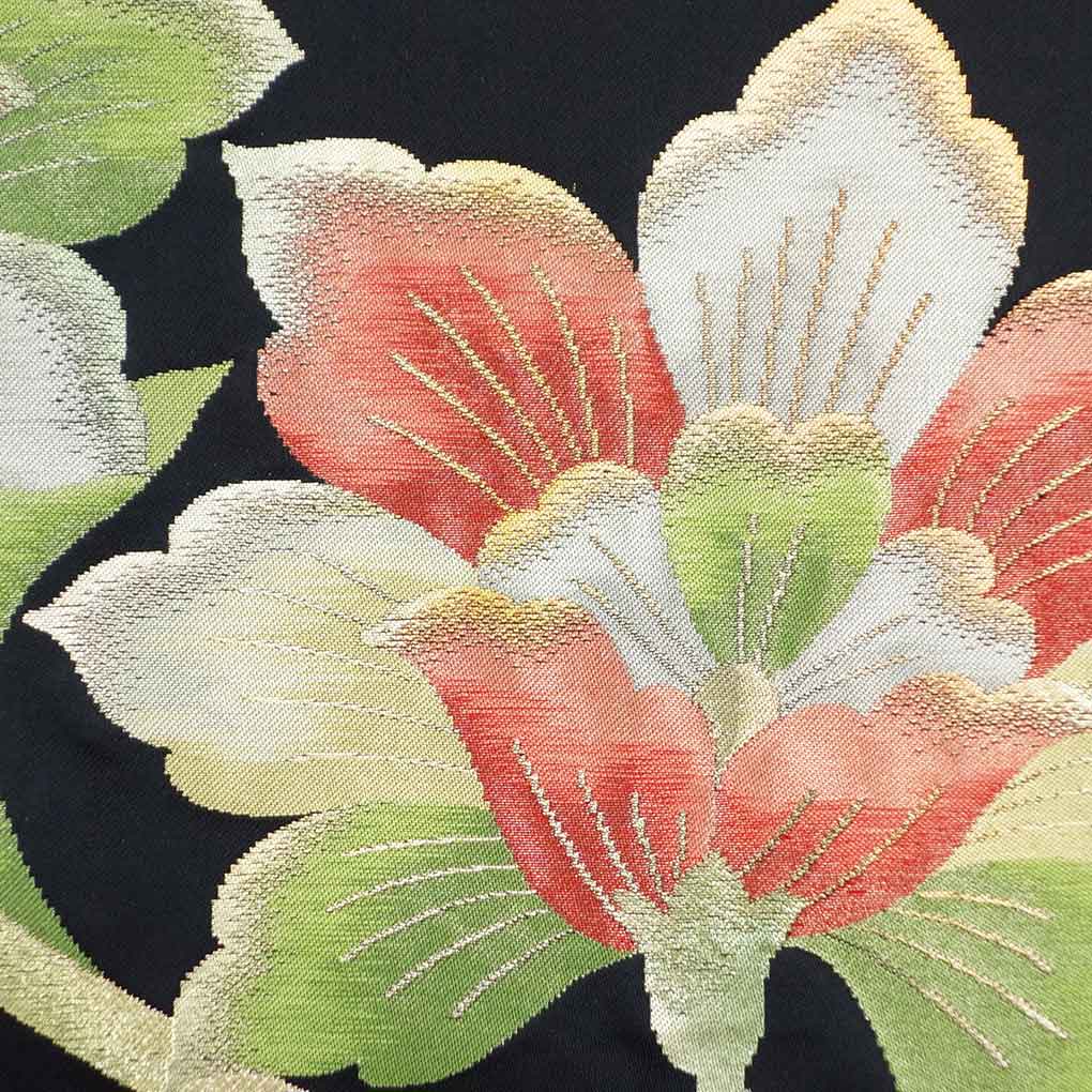 名古屋帯 リサイクル帯 幅30cm 長さ370cm レディース 花柄 秋冬春用 正絹(シルク)ブラック 美品 リメイク リユース【ランクA】